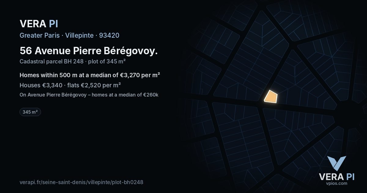 56 Avenue Pierre Bérégovoy, Villepinte at night – the plot lit, the parcels around coloured by the prices near them