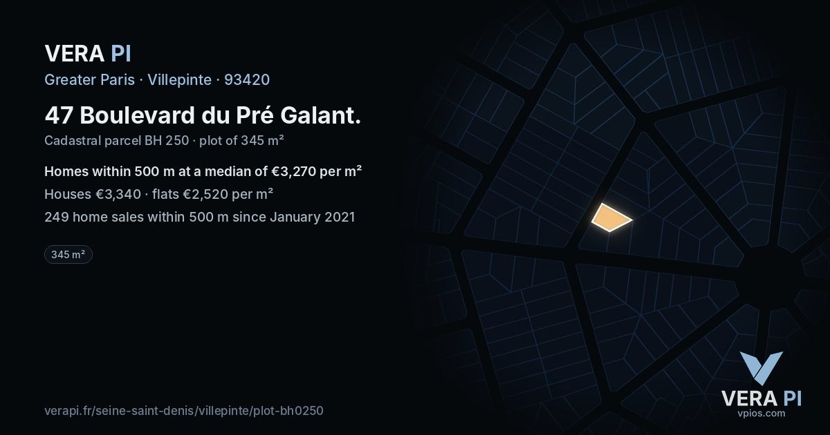 47 Boulevard du Pré Galant, Villepinte at night – the plot lit, the parcels around coloured by the prices near them