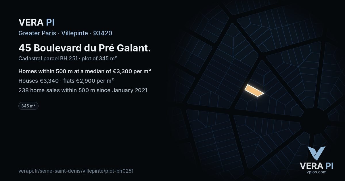 45 Boulevard du Pré Galant, Villepinte at night – the plot lit, the parcels around coloured by the prices near them