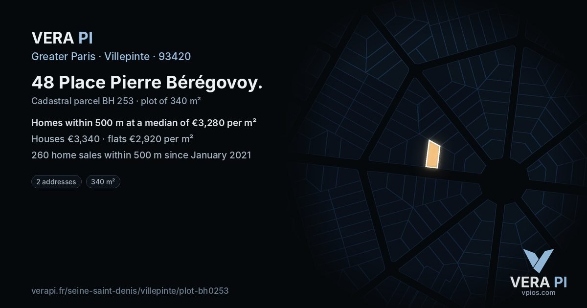 48 Place Pierre Bérégovoy, Villepinte at night – the plot lit, the parcels around coloured by the prices near them