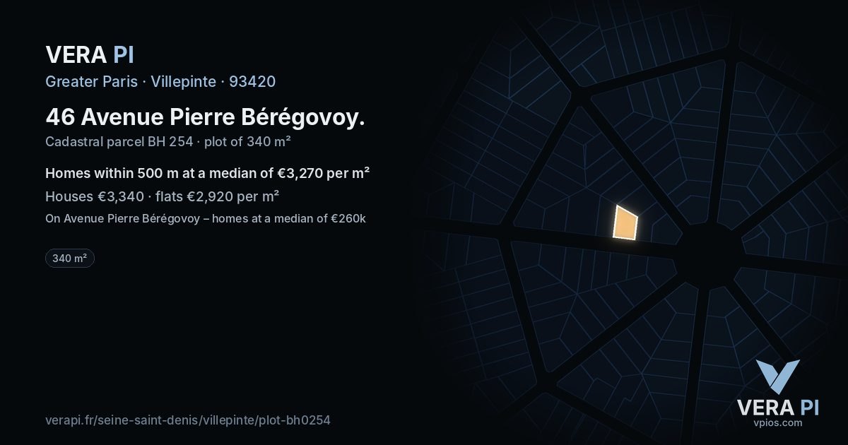46 Avenue Pierre Bérégovoy, Villepinte at night – the plot lit, the parcels around coloured by the prices near them