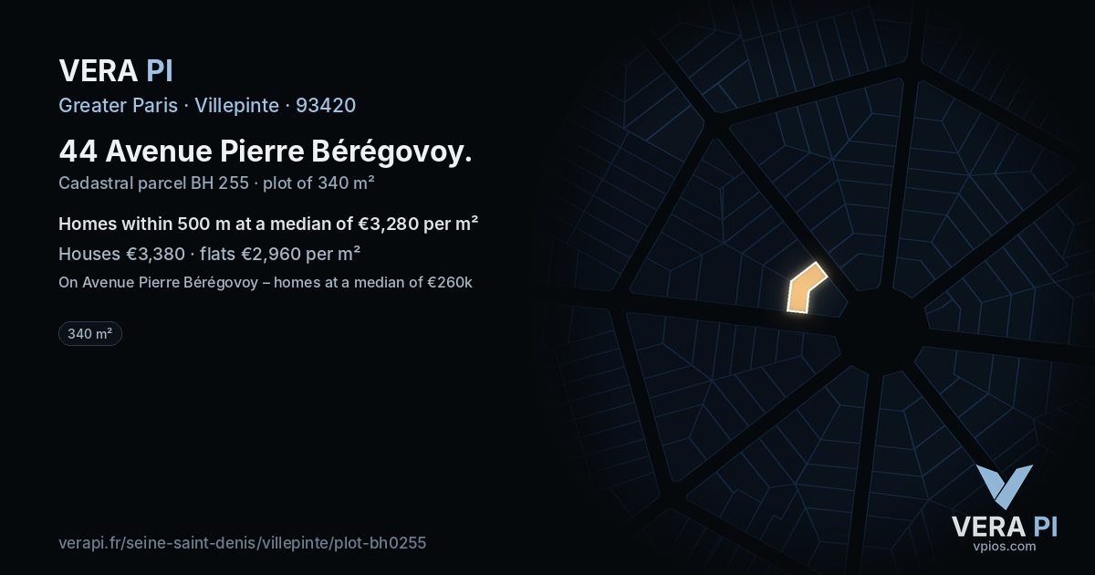 44 Avenue Pierre Bérégovoy, Villepinte at night – the plot lit, the parcels around coloured by the prices near them