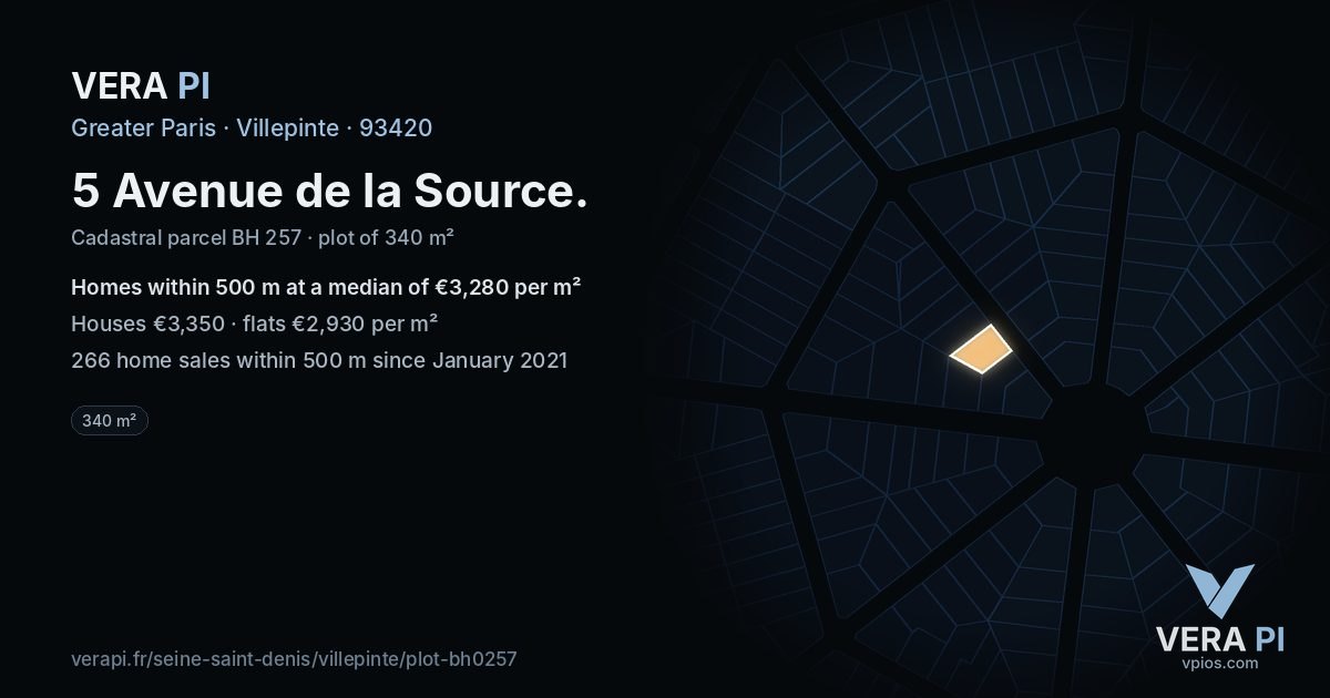 5 Avenue de la Source, Villepinte at night – the plot lit, the parcels around coloured by the prices near them
