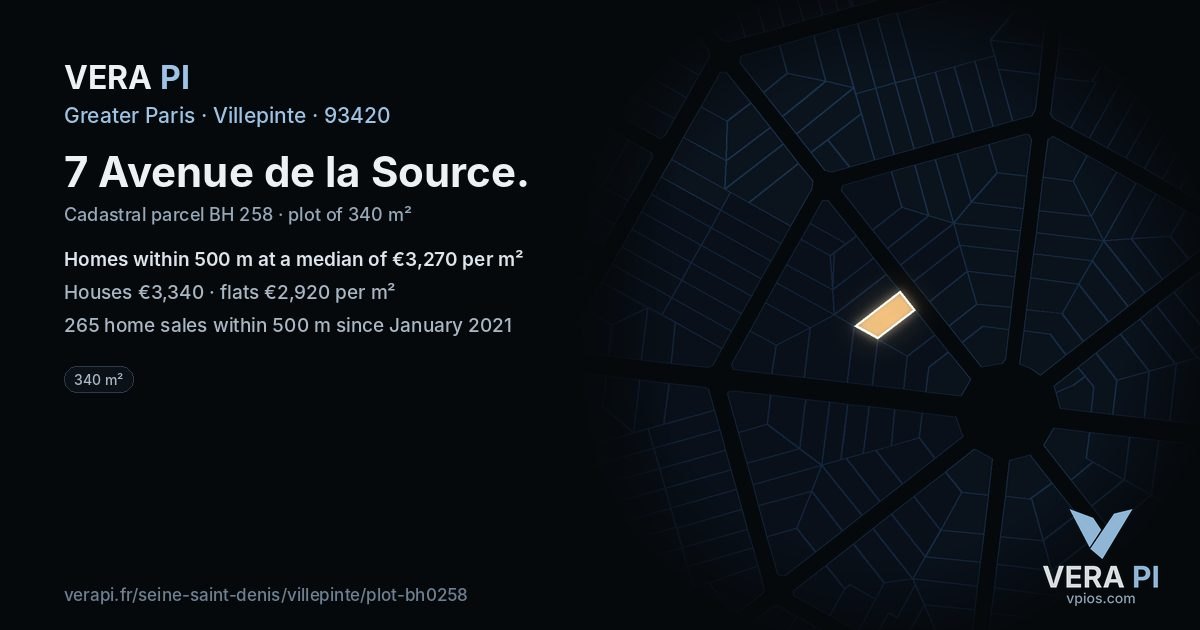 7 Avenue de la Source, Villepinte at night – the plot lit, the parcels around coloured by the prices near them
