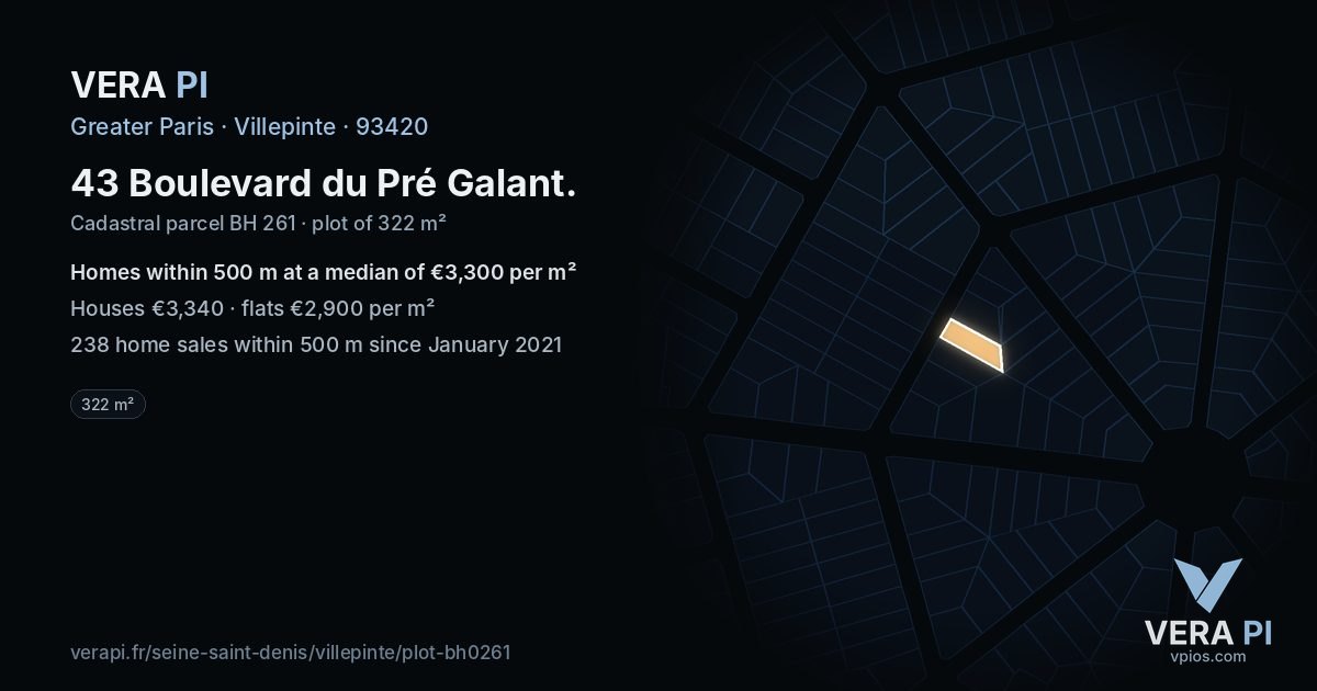 43 Boulevard du Pré Galant, Villepinte at night – the plot lit, the parcels around coloured by the prices near them
