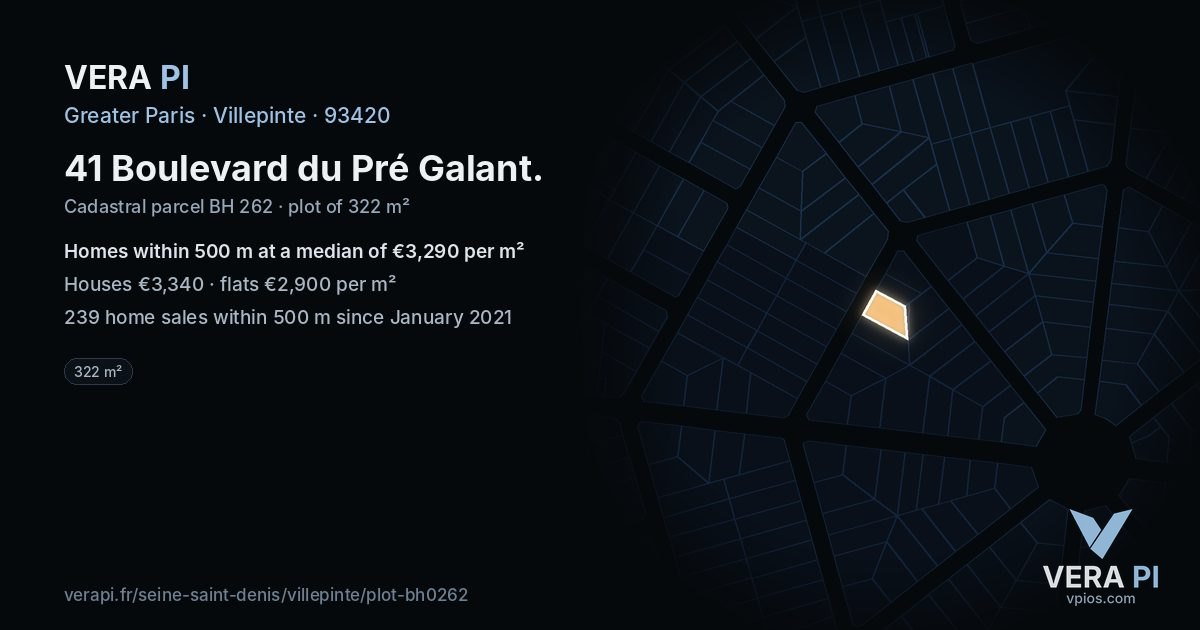 41 Boulevard du Pré Galant, Villepinte at night – the plot lit, the parcels around coloured by the prices near them