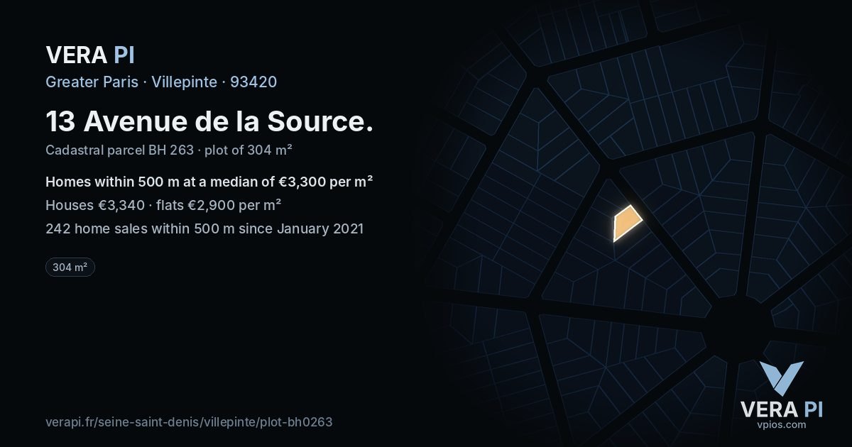 13 Avenue de la Source, Villepinte at night – the plot lit, the parcels around coloured by the prices near them