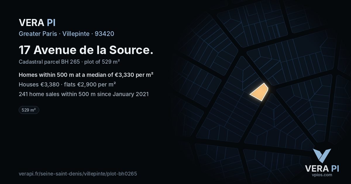 17 Avenue de la Source, Villepinte at night – the plot lit, the parcels around coloured by the prices near them