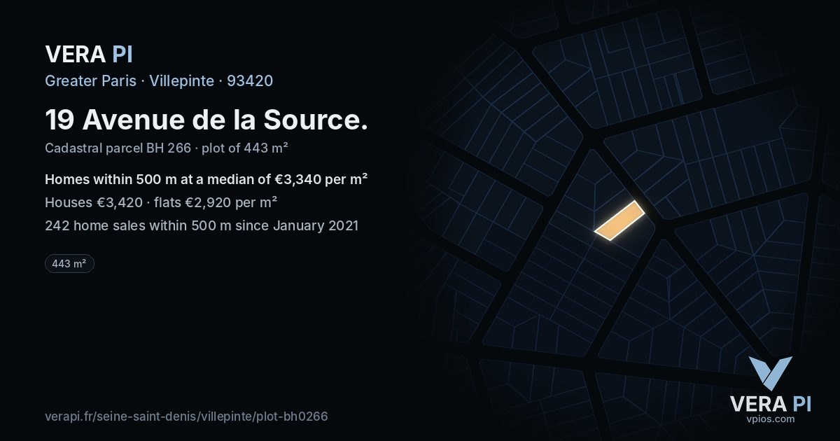 19 Avenue de la Source, Villepinte at night – the plot lit, the parcels around coloured by the prices near them