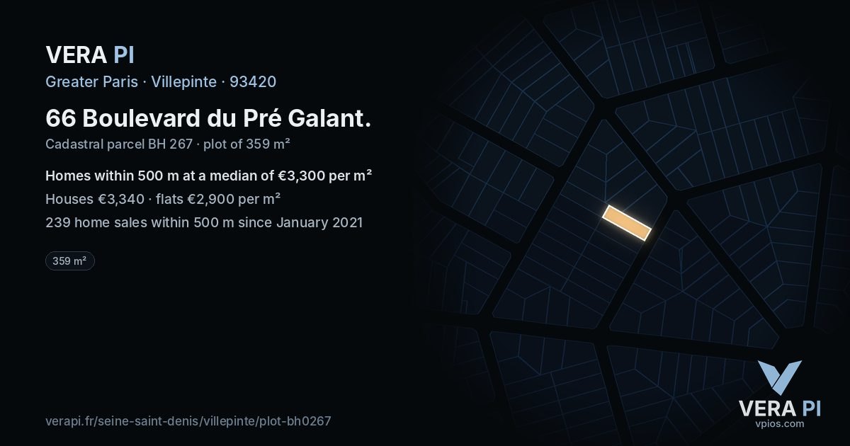 66 Boulevard du Pré Galant, Villepinte at night – the plot lit, the parcels around coloured by the prices near them