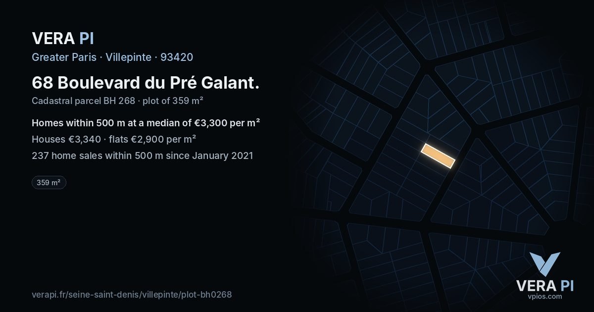 68 Boulevard du Pré Galant, Villepinte at night – the plot lit, the parcels around coloured by the prices near them
