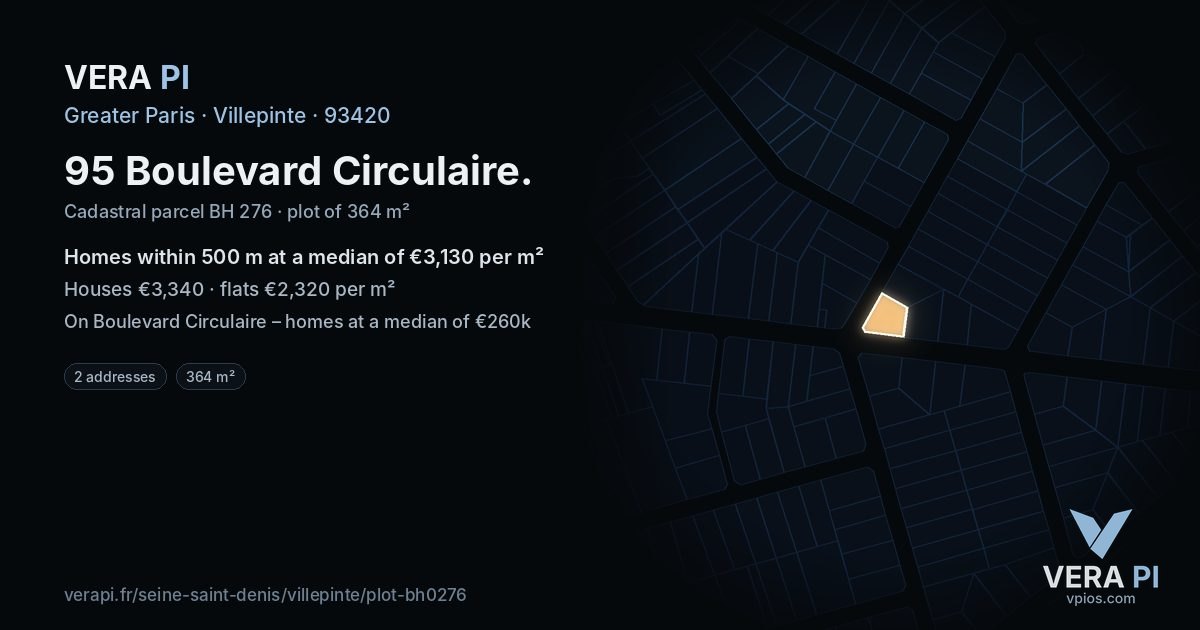 95 Boulevard Circulaire, Villepinte at night – the plot lit, the parcels around coloured by the prices near them