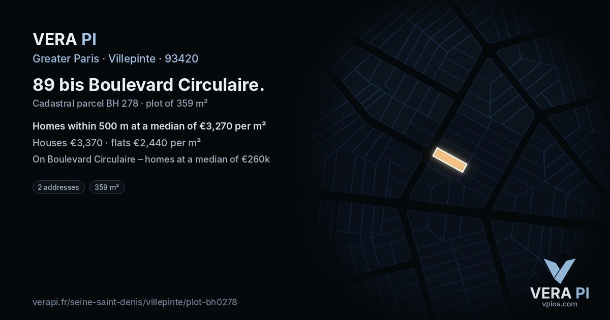 89 bis Boulevard Circulaire, Villepinte at night – the plot lit, the parcels around coloured by the prices near them