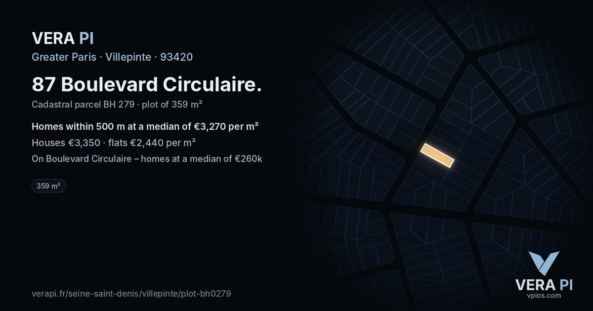 87 Boulevard Circulaire, Villepinte at night – the plot lit, the parcels around coloured by the prices near them