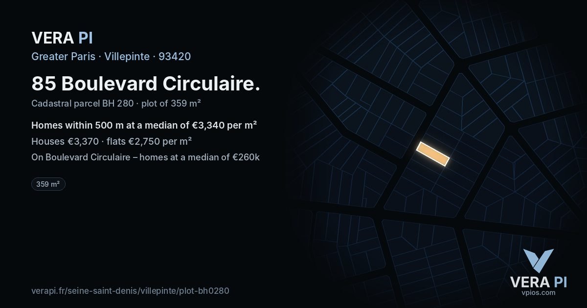 85 Boulevard Circulaire, Villepinte at night – the plot lit, the parcels around coloured by the prices near them