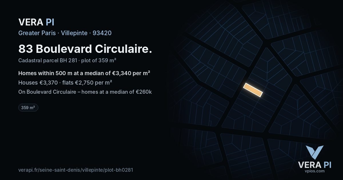 83 Boulevard Circulaire, Villepinte at night – the plot lit, the parcels around coloured by the prices near them