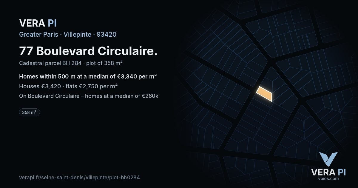 77 Boulevard Circulaire, Villepinte at night – the plot lit, the parcels around coloured by the prices near them