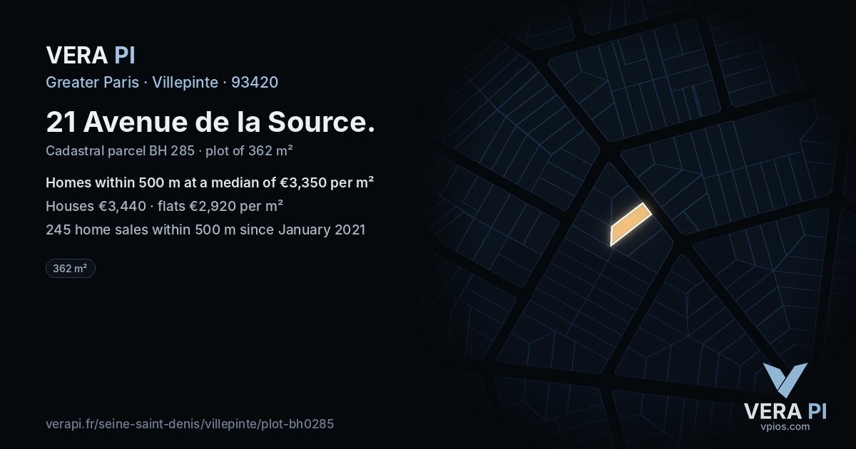 21 Avenue de la Source, Villepinte at night – the plot lit, the parcels around coloured by the prices near them