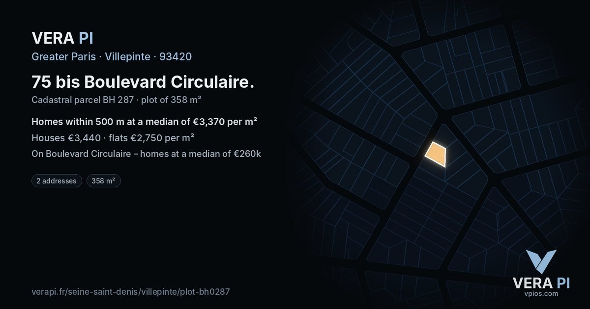 75 bis Boulevard Circulaire, Villepinte at night – the plot lit, the parcels around coloured by the prices near them