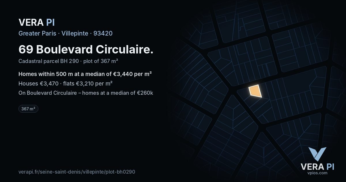 69 Boulevard Circulaire, Villepinte at night – the plot lit, the parcels around coloured by the prices near them