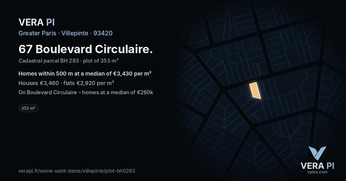 67 Boulevard Circulaire, Villepinte at night – the plot lit, the parcels around coloured by the prices near them