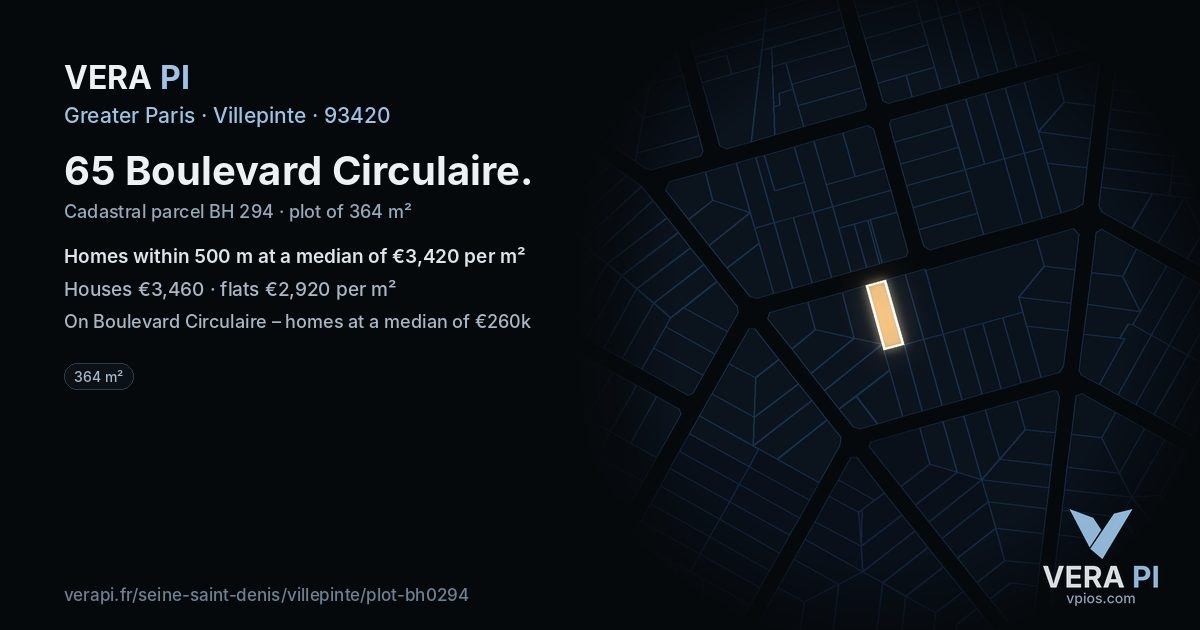 65 Boulevard Circulaire, Villepinte at night – the plot lit, the parcels around coloured by the prices near them