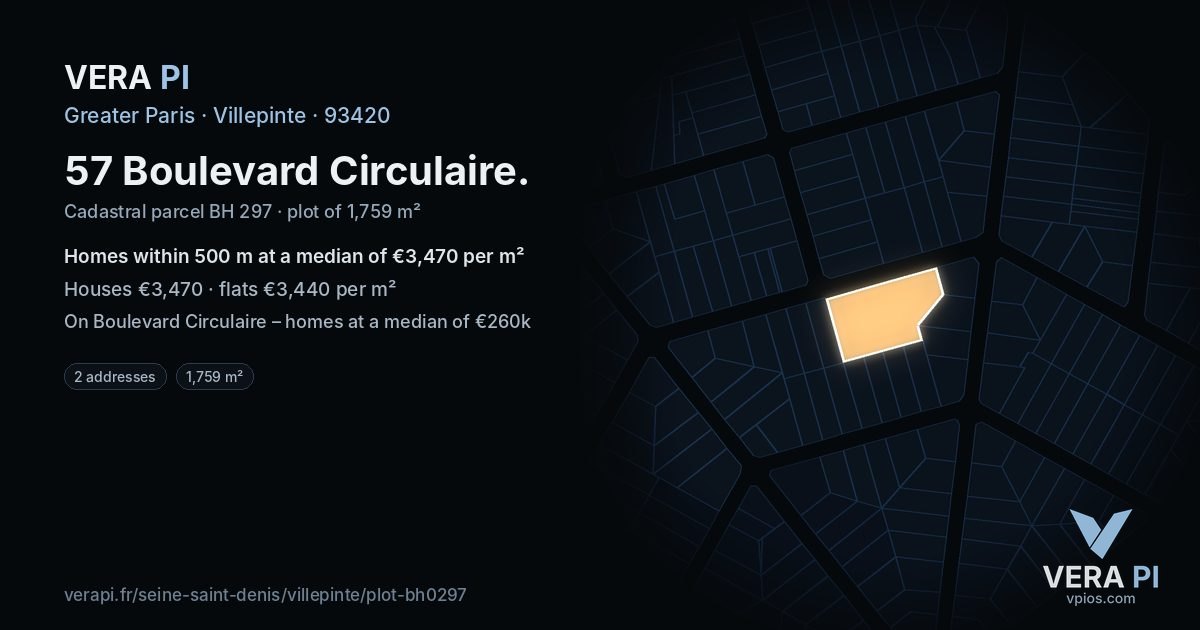 57 Boulevard Circulaire, Villepinte at night – the plot lit, the parcels around coloured by the prices near them