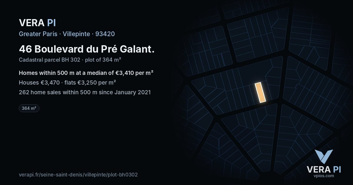 46 Boulevard du Pré Galant, Villepinte at night – the plot lit, the parcels around coloured by the prices near them