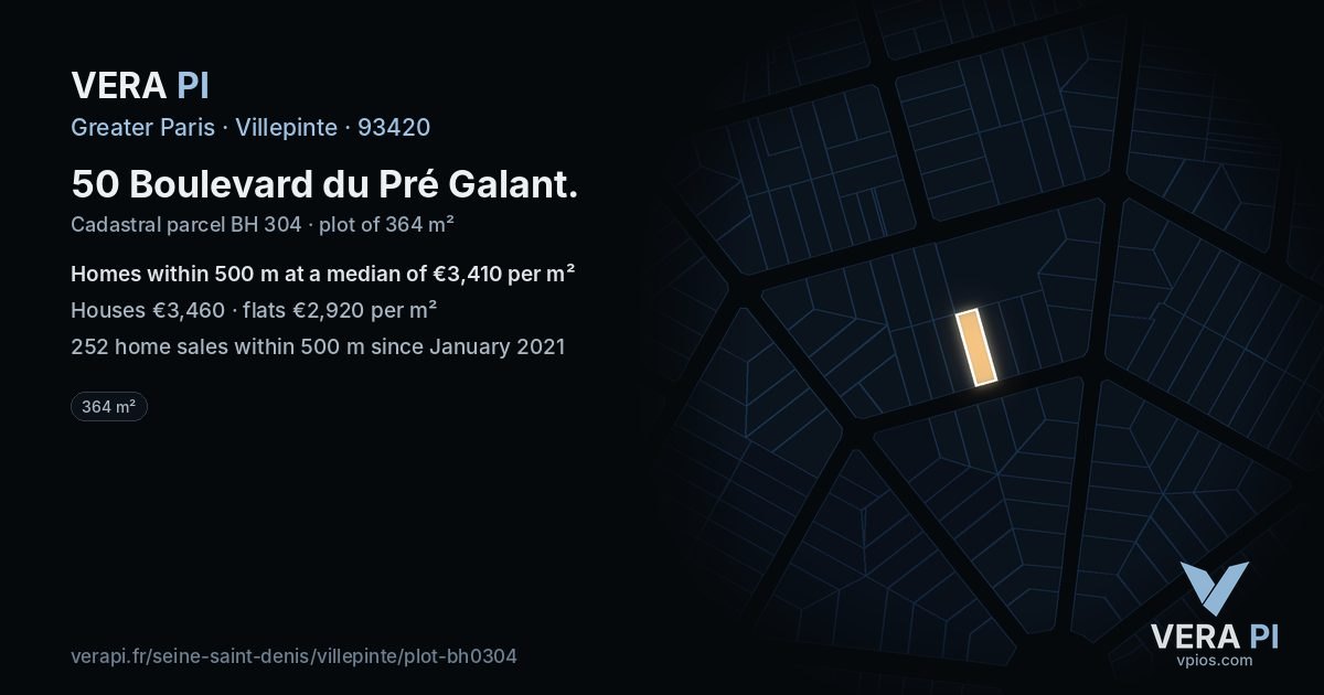 50 Boulevard du Pré Galant, Villepinte at night – the plot lit, the parcels around coloured by the prices near them
