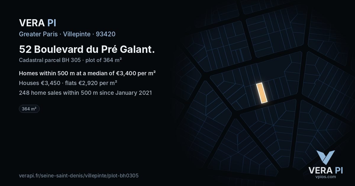 52 Boulevard du Pré Galant, Villepinte at night – the plot lit, the parcels around coloured by the prices near them