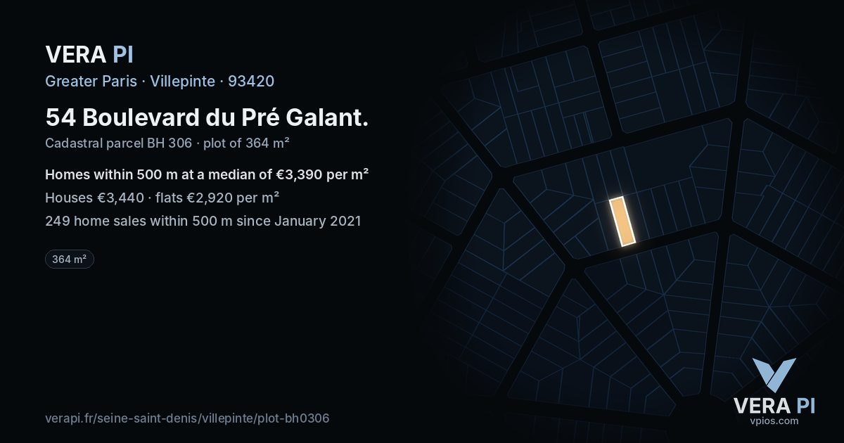 54 Boulevard du Pré Galant, Villepinte at night – the plot lit, the parcels around coloured by the prices near them