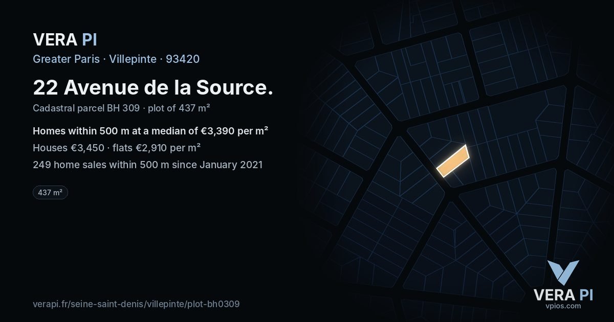 22 Avenue de la Source, Villepinte at night – the plot lit, the parcels around coloured by the prices near them