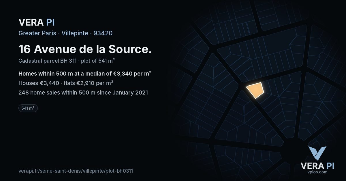 16 Avenue de la Source, Villepinte at night – the plot lit, the parcels around coloured by the prices near them