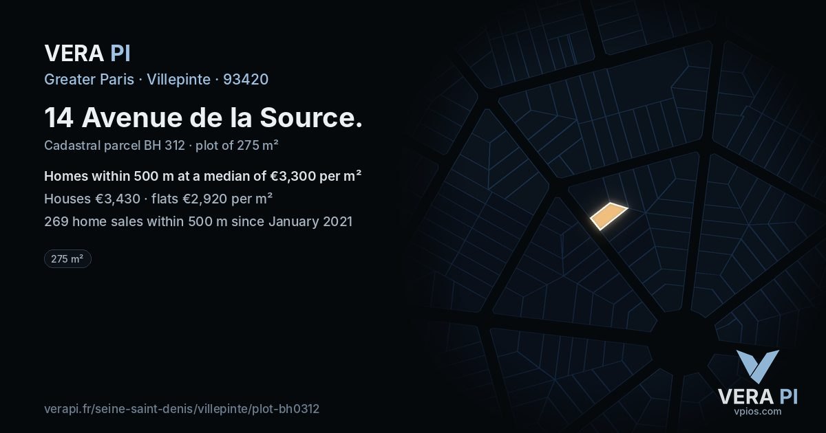 14 Avenue de la Source, Villepinte at night – the plot lit, the parcels around coloured by the prices near them