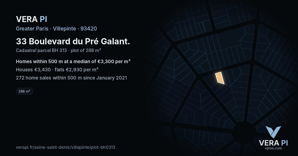 33 Boulevard du Pré Galant, Villepinte at night – the plot lit, the parcels around coloured by the prices near them