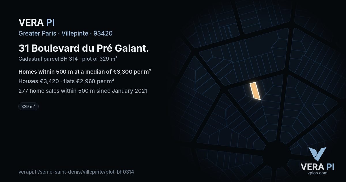 31 Boulevard du Pré Galant, Villepinte at night – the plot lit, the parcels around coloured by the prices near them