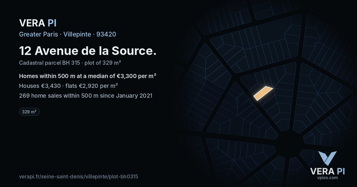 12 Avenue de la Source, Villepinte at night – the plot lit, the parcels around coloured by the prices near them