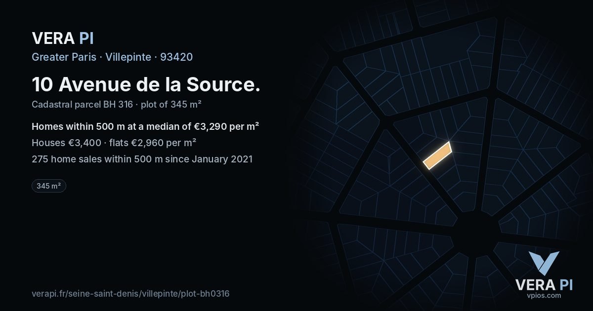 10 Avenue de la Source, Villepinte at night – the plot lit, the parcels around coloured by the prices near them