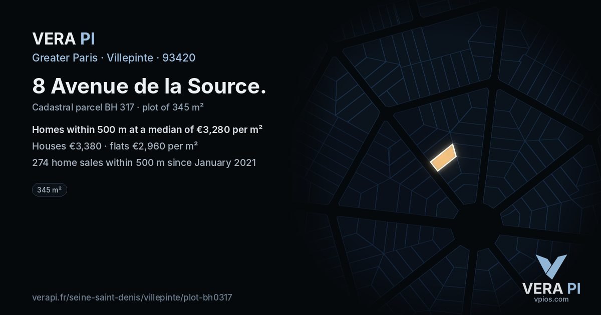 8 Avenue de la Source, Villepinte at night – the plot lit, the parcels around coloured by the prices near them