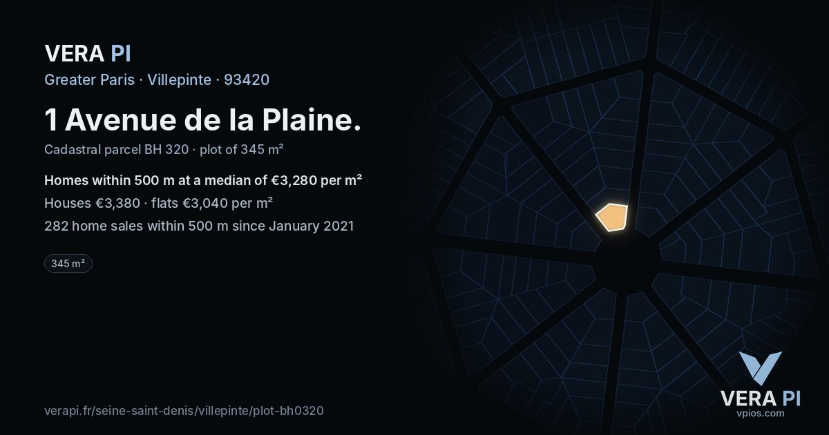 1 Avenue de la Plaine, Villepinte at night – the plot lit, the parcels around coloured by the prices near them