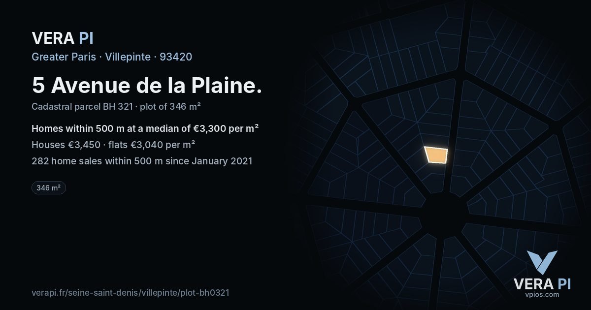 5 Avenue de la Plaine, Villepinte at night – the plot lit, the parcels around coloured by the prices near them