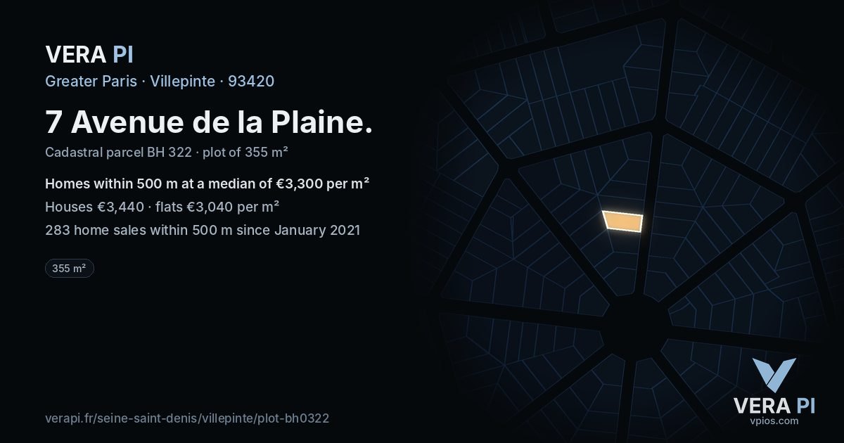 7 Avenue de la Plaine, Villepinte at night – the plot lit, the parcels around coloured by the prices near them
