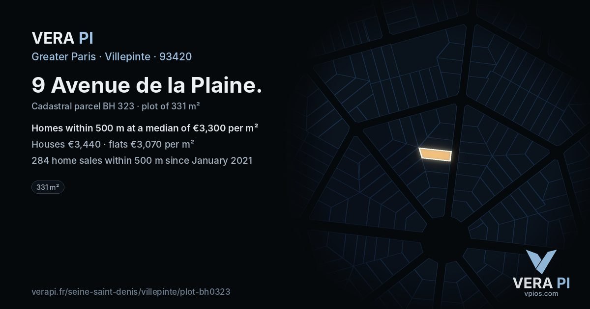 9 Avenue de la Plaine, Villepinte at night – the plot lit, the parcels around coloured by the prices near them