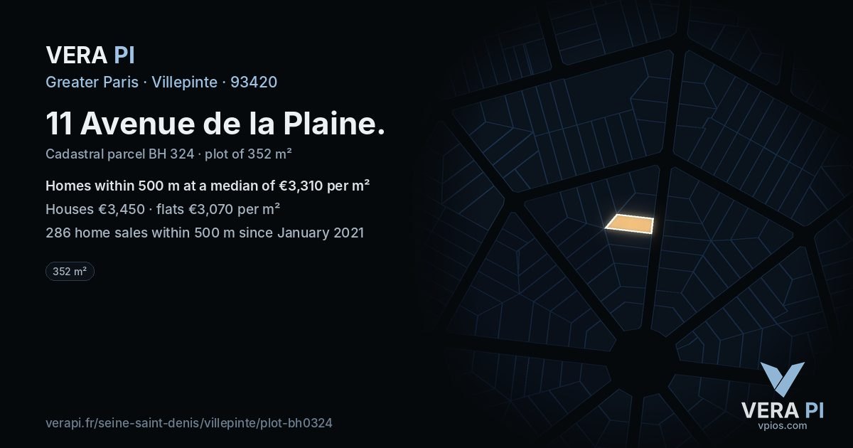 11 Avenue de la Plaine, Villepinte at night – the plot lit, the parcels around coloured by the prices near them