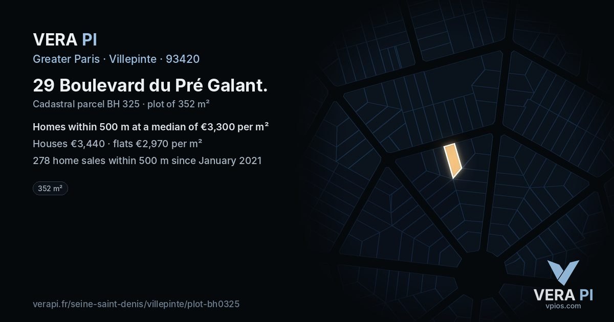 29 Boulevard du Pré Galant, Villepinte at night – the plot lit, the parcels around coloured by the prices near them