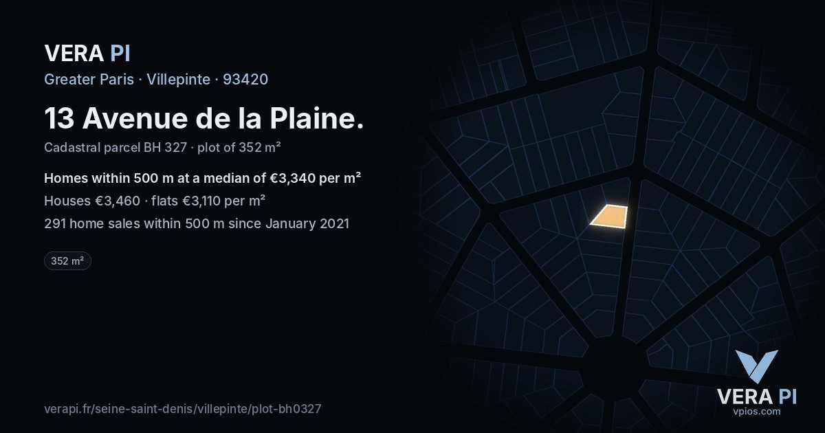 13 Avenue de la Plaine, Villepinte at night – the plot lit, the parcels around coloured by the prices near them