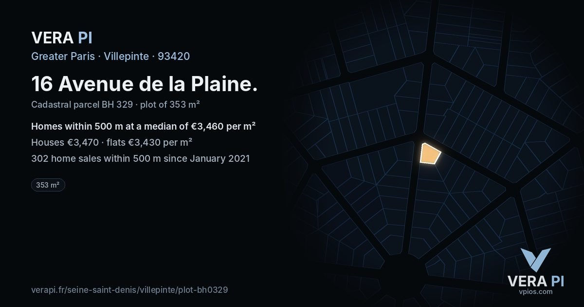 16 Avenue de la Plaine, Villepinte at night – the plot lit, the parcels around coloured by the prices near them