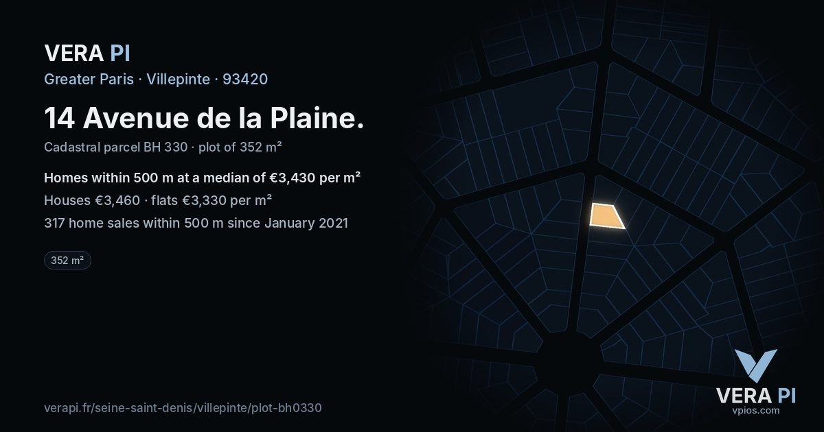 14 Avenue de la Plaine, Villepinte at night – the plot lit, the parcels around coloured by the prices near them