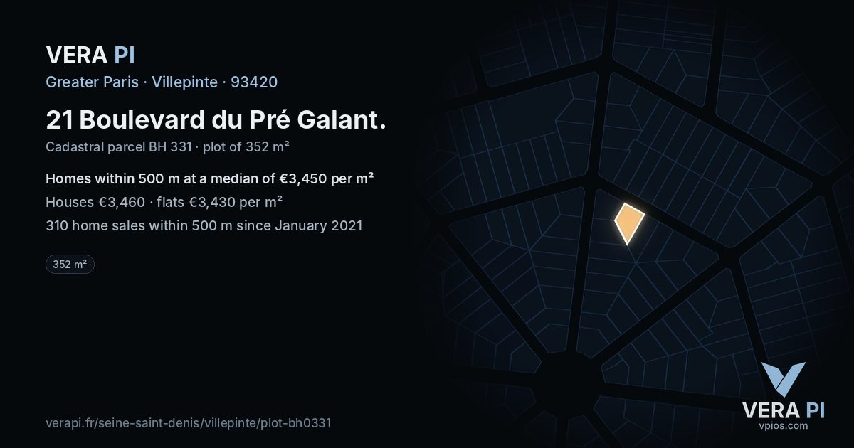 21 Boulevard du Pré Galant, Villepinte at night – the plot lit, the parcels around coloured by the prices near them