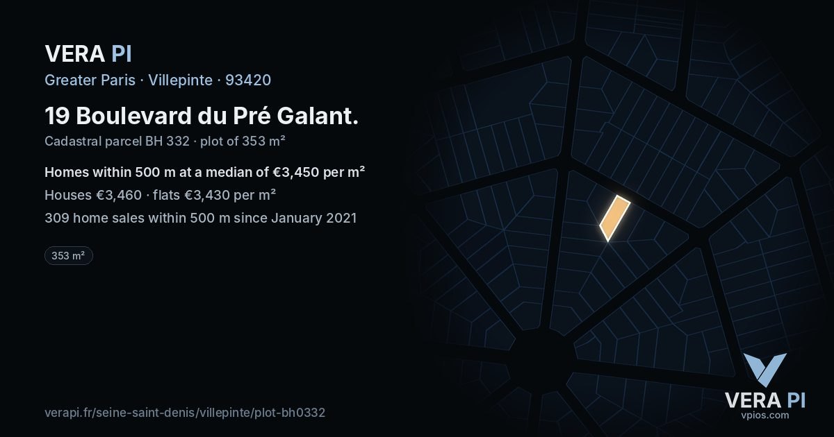 19 Boulevard du Pré Galant, Villepinte at night – the plot lit, the parcels around coloured by the prices near them